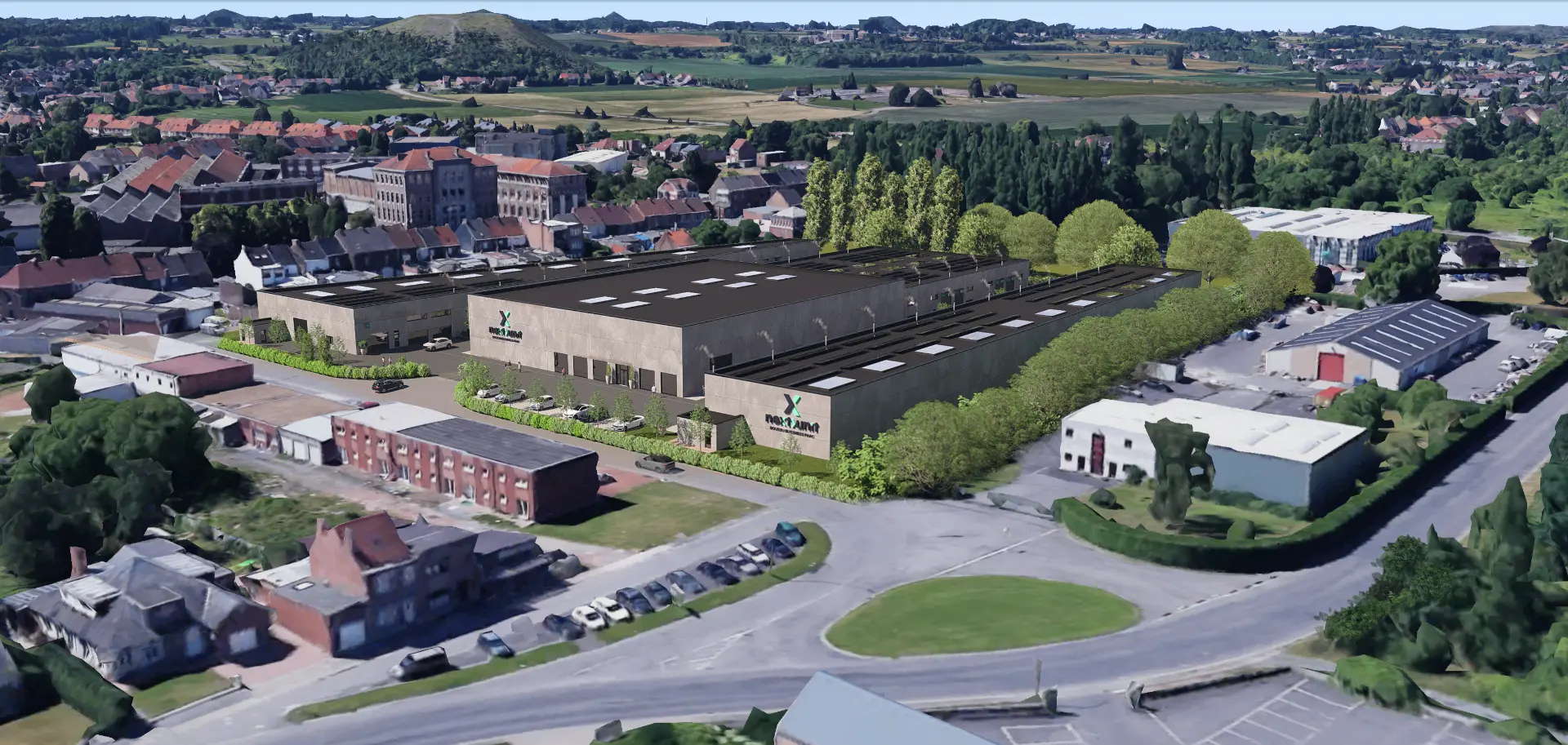 Vue aérienne du Next Unit Boussu Business Parc développé par Real Estate Passion à Boussu, près de Mons